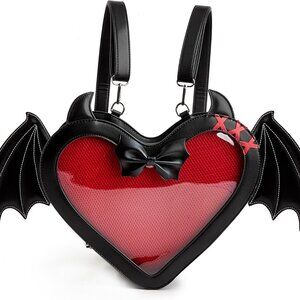 Gothic Heart-Shaped Backpack Women Bat Wing Clear Window Convertible Tote